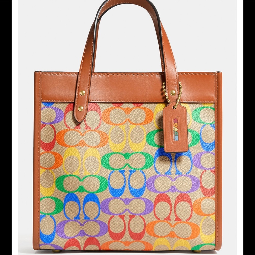 Coach Field Tote 22 In Pride Rainbow Brass/Tan Natural Multi Signature Canvas